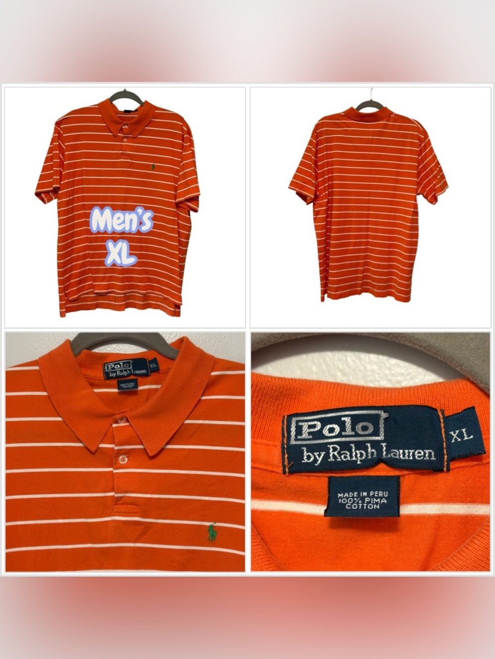 Men’s Polo by Ralph Lauren Orange Striped Shirt Short Sleeve Cotton Green Logo